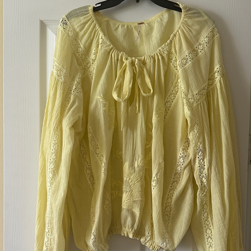 Free People Pale Yellow Lace-Trim Peasant Blouse